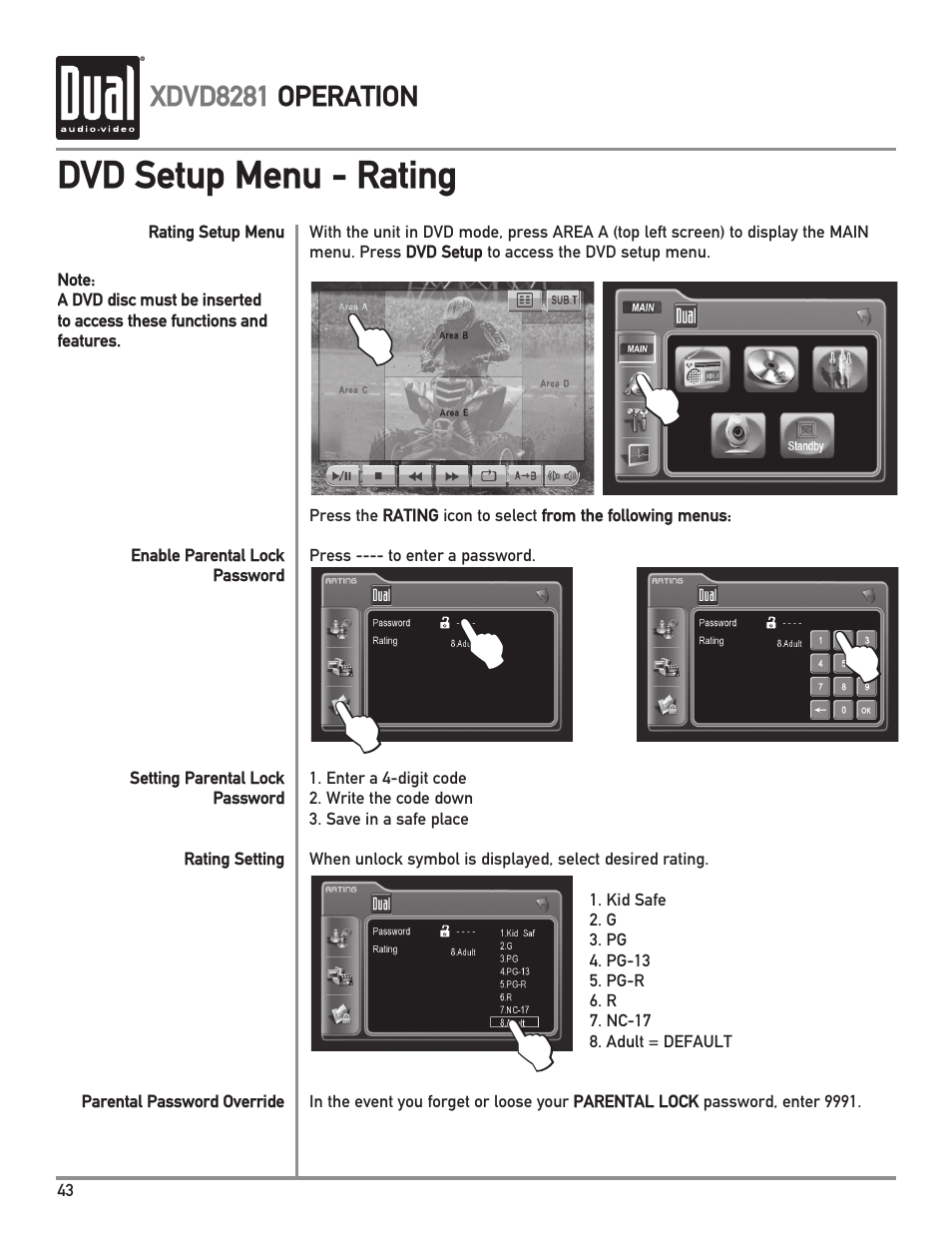 Dvd setup menu - rating, Xdvd8281 operation | Dual XDVD8281 User Manual | Page 44 / 60