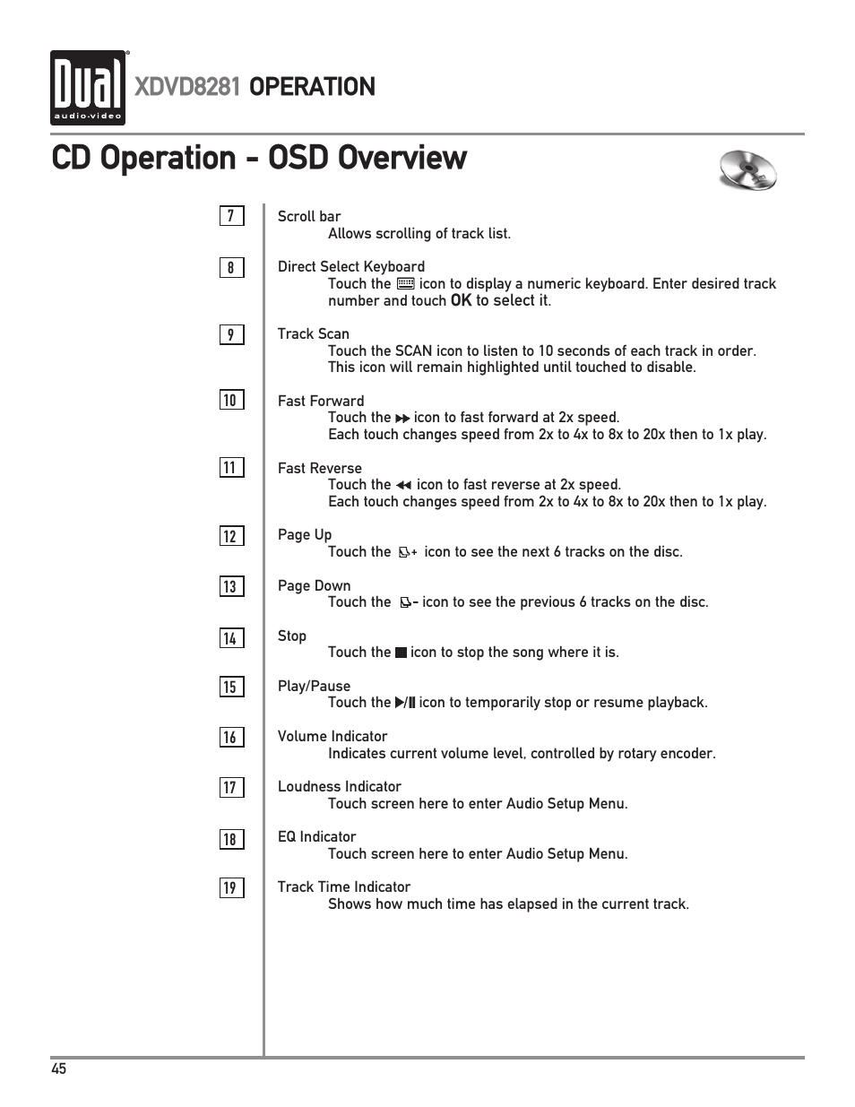 Cd operation - osd overview, Xdvd8281 operation | Dual XDVD8281 User Manual | Page 46 / 60
