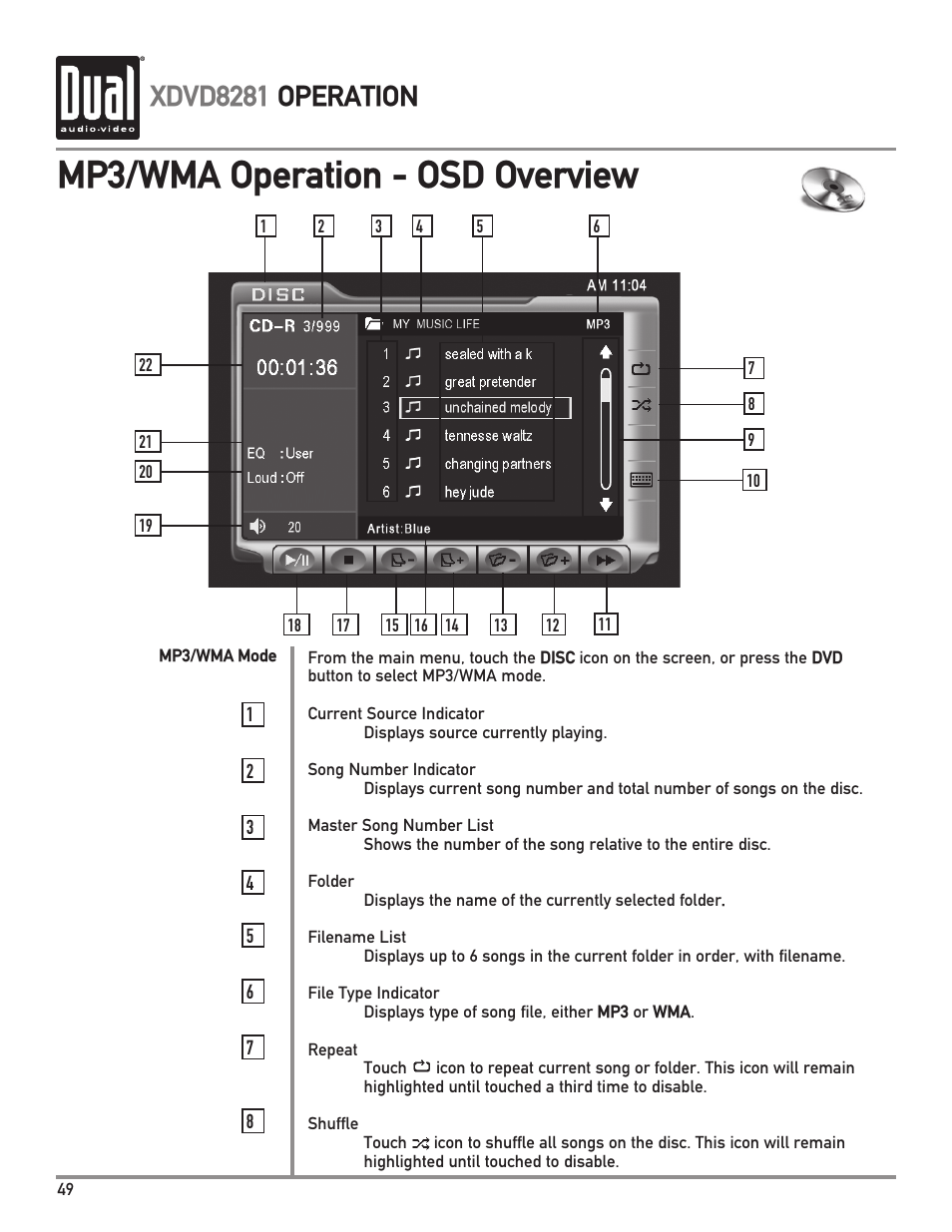 Mp3/wma operation - osd overview, Xdvd8281 operation | Dual XDVD8281 User Manual | Page 50 / 60