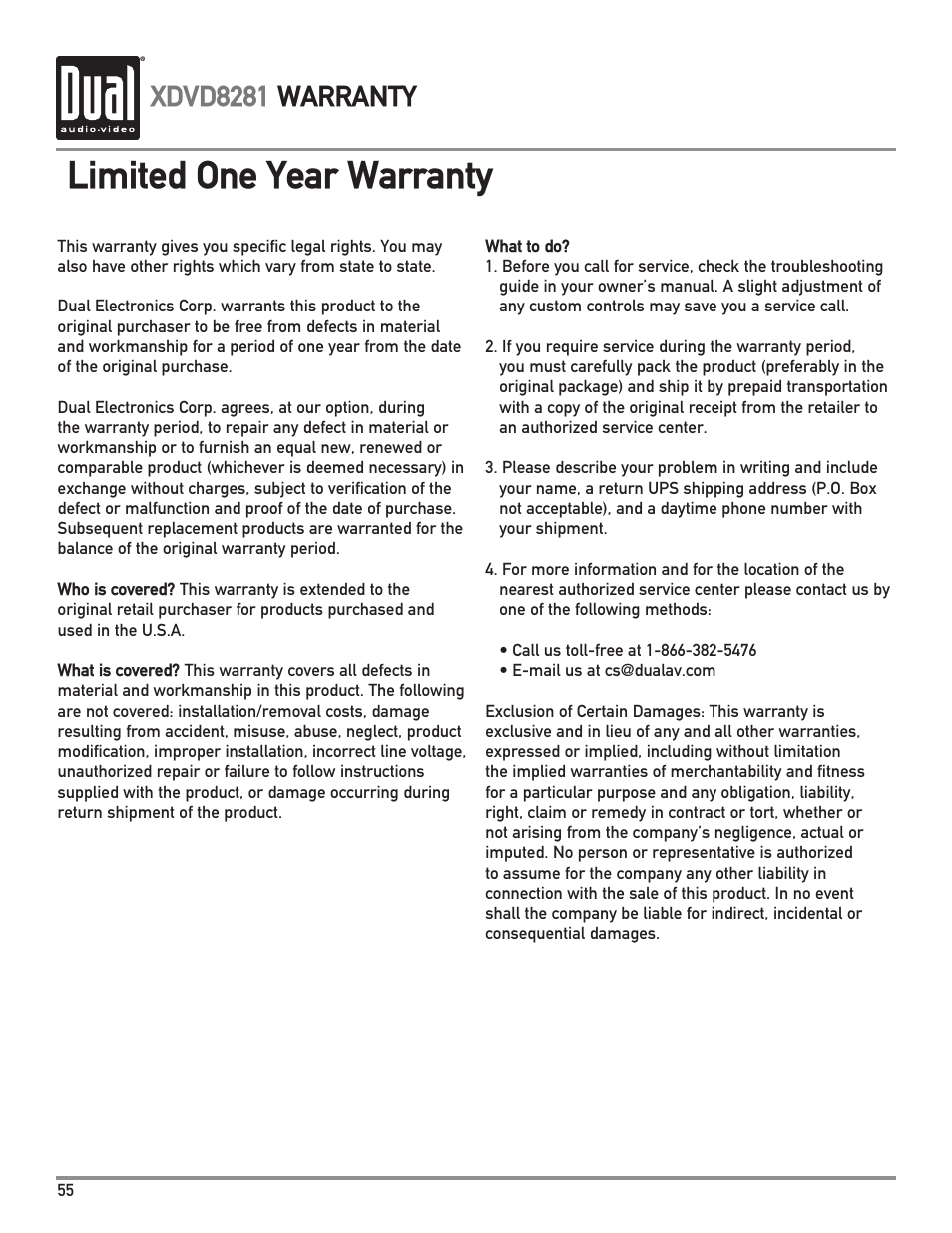 Limited one year warranty, Xdvd8281 warranty | Dual XDVD8281 User Manual | Page 56 / 60