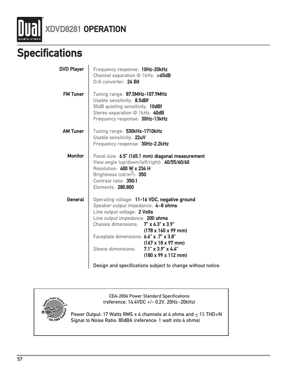 Specifications, Xdvd8281 operation | Dual XDVD8281 User Manual | Page 58 / 60