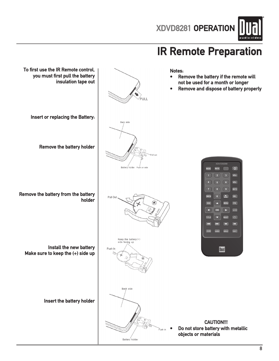 Ir remote preparation, Xdvd8281 operation | Dual XDVD8281 User Manual | Page 9 / 60