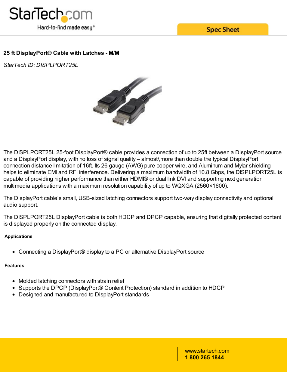 StarTech.com DisplayPort Cable with Latches (25') User Manual | 2 pages