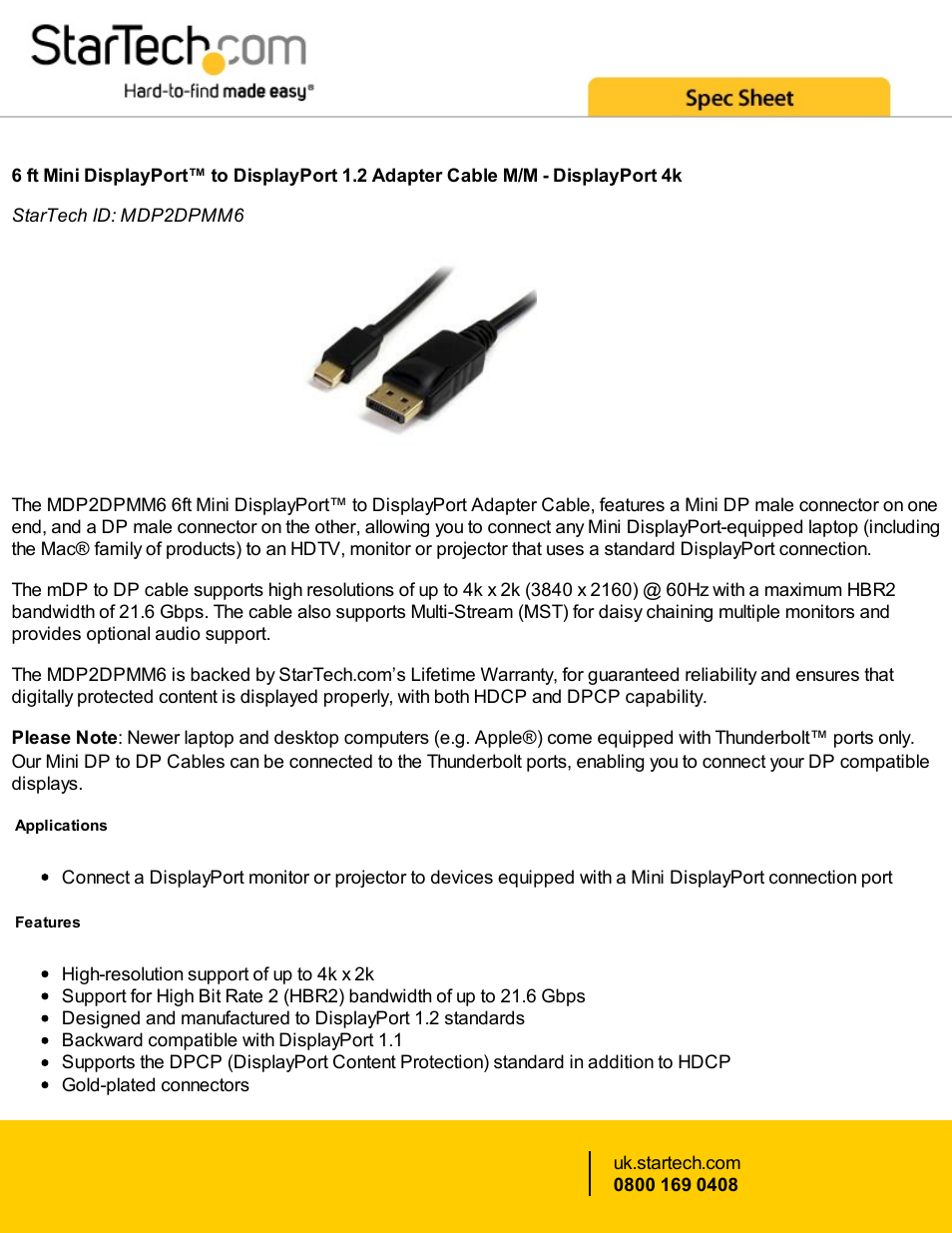 StarTech.com Mini DisplayPort Male to DisplayPort Male Cable (6', Black) User Manual | 2 pages