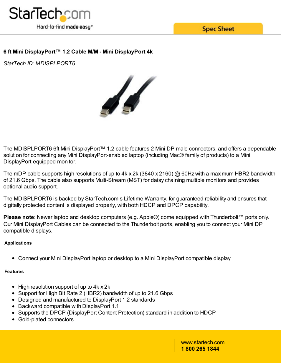 StarTech.com Mini DisplayPort 1.2 Cable (6') User Manual | 2 pages