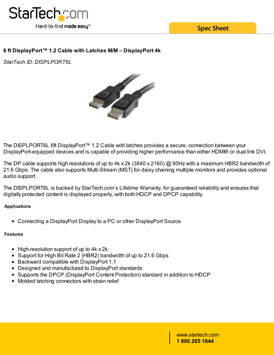 StarTech.com DisplayPort 1.2 Cable with Latches (6') User Manual | 2 pages