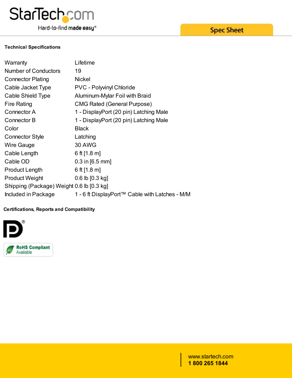 StarTech.com DisplayPort 1.2 Cable with Latches (6') User Manual | Page 2 / 2