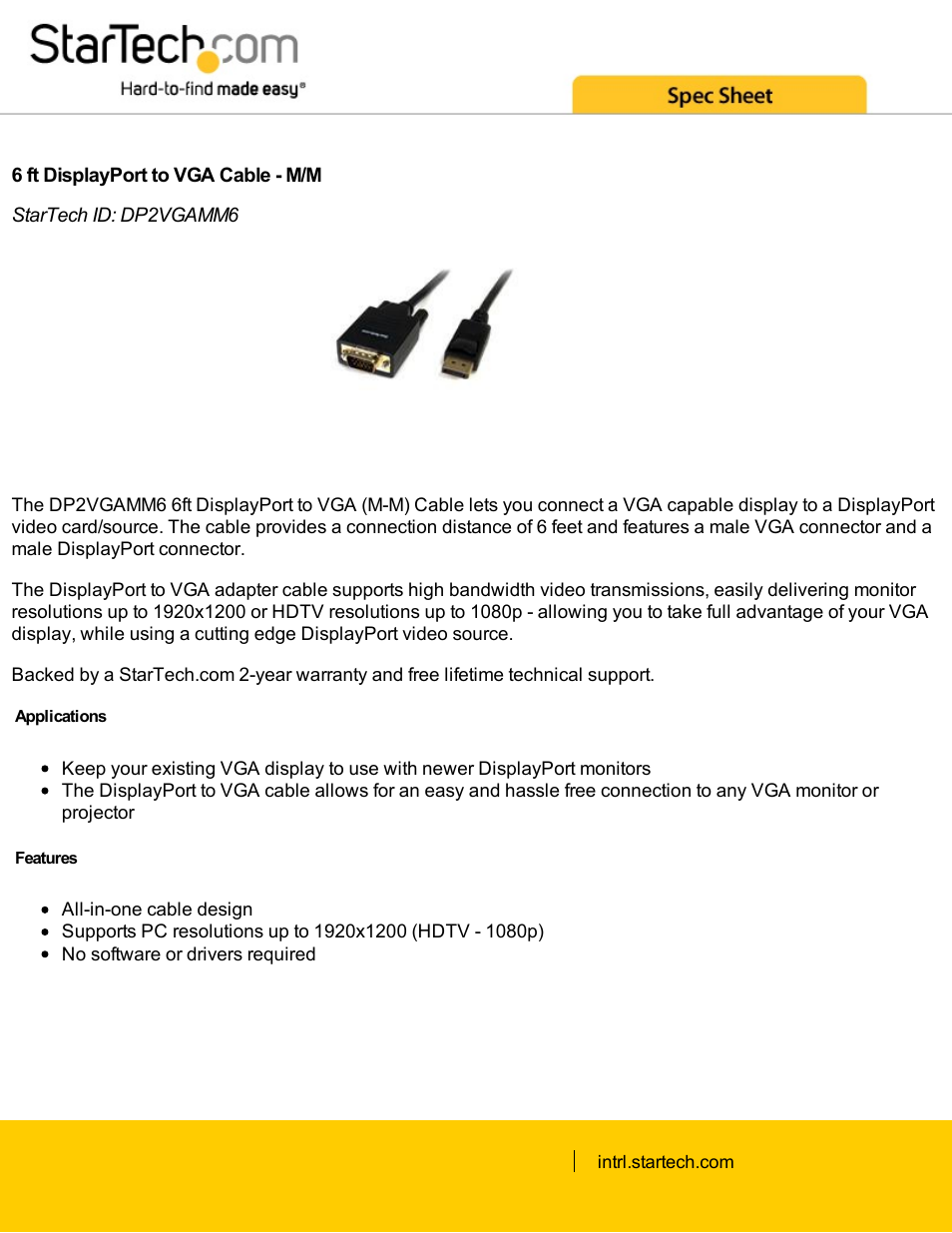 StarTech.com DisplayPort Male to VGA Male Cable (6', Black) User Manual | 2 pages