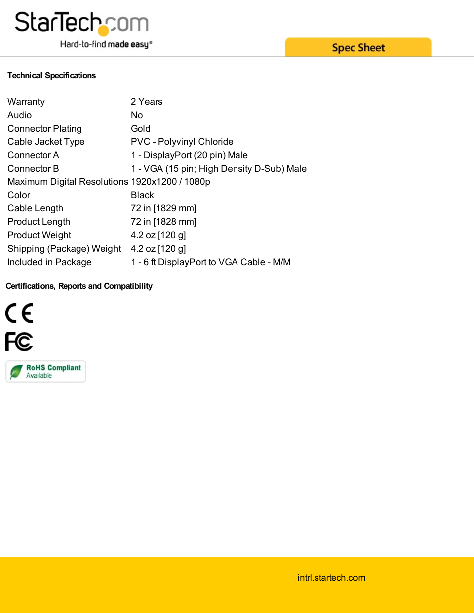 StarTech.com DisplayPort Male to VGA Male Cable (6', Black) User Manual | Page 2 / 2