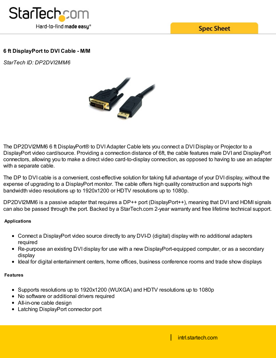 StarTech.com DisplayPort to DVI Video Adapter Converter Cable (6') User Manual | 2 pages