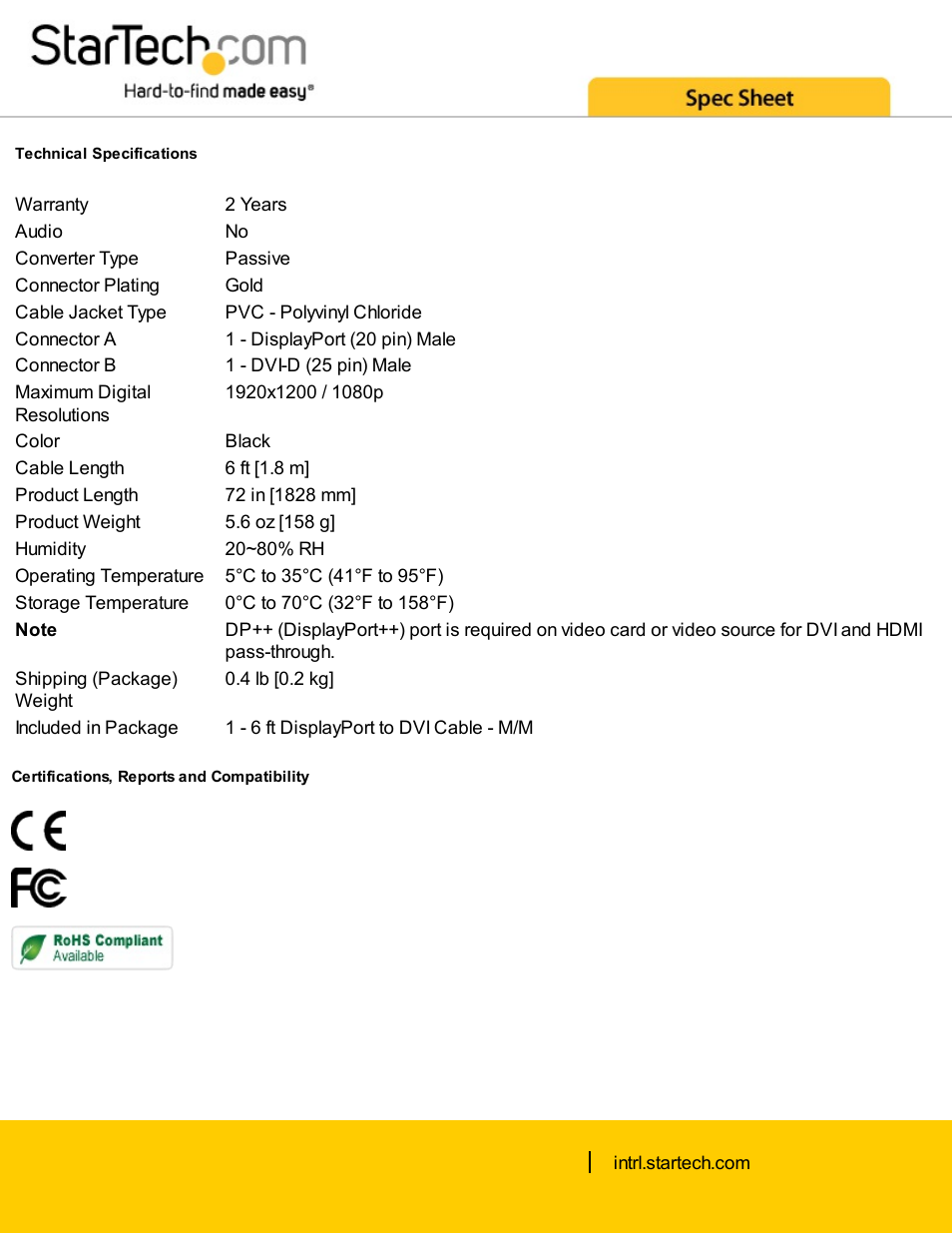 StarTech.com DisplayPort to DVI Video Adapter Converter Cable (6') User Manual | Page 2 / 2