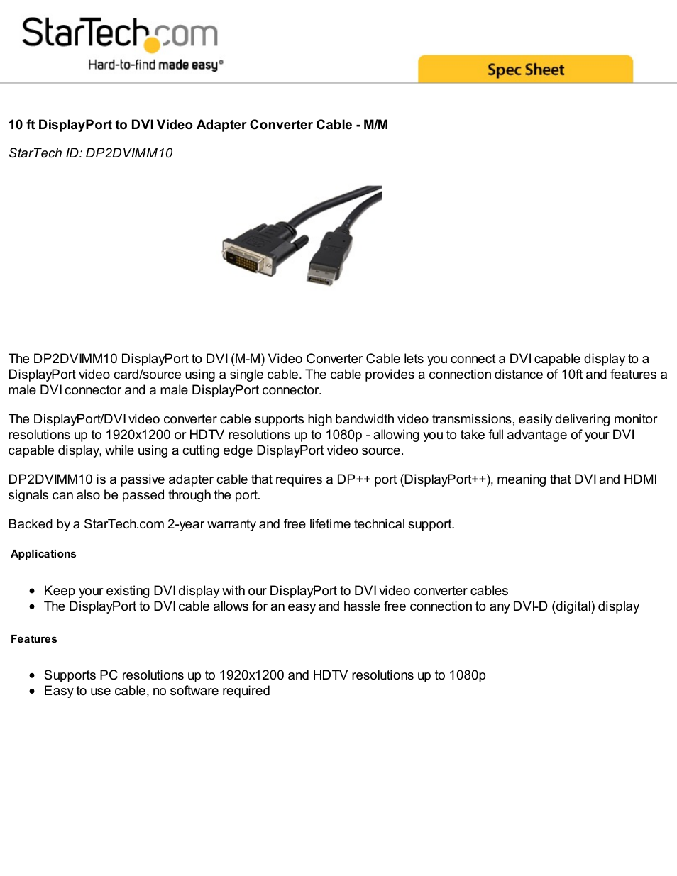 StarTech.com DisplayPort to DVI Video Adapter Converter Cable (10') User Manual | 2 pages