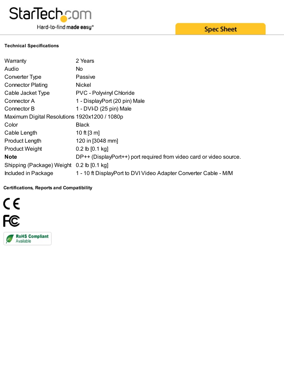 StarTech.com DisplayPort to DVI Video Adapter Converter Cable (10') User Manual | Page 2 / 2