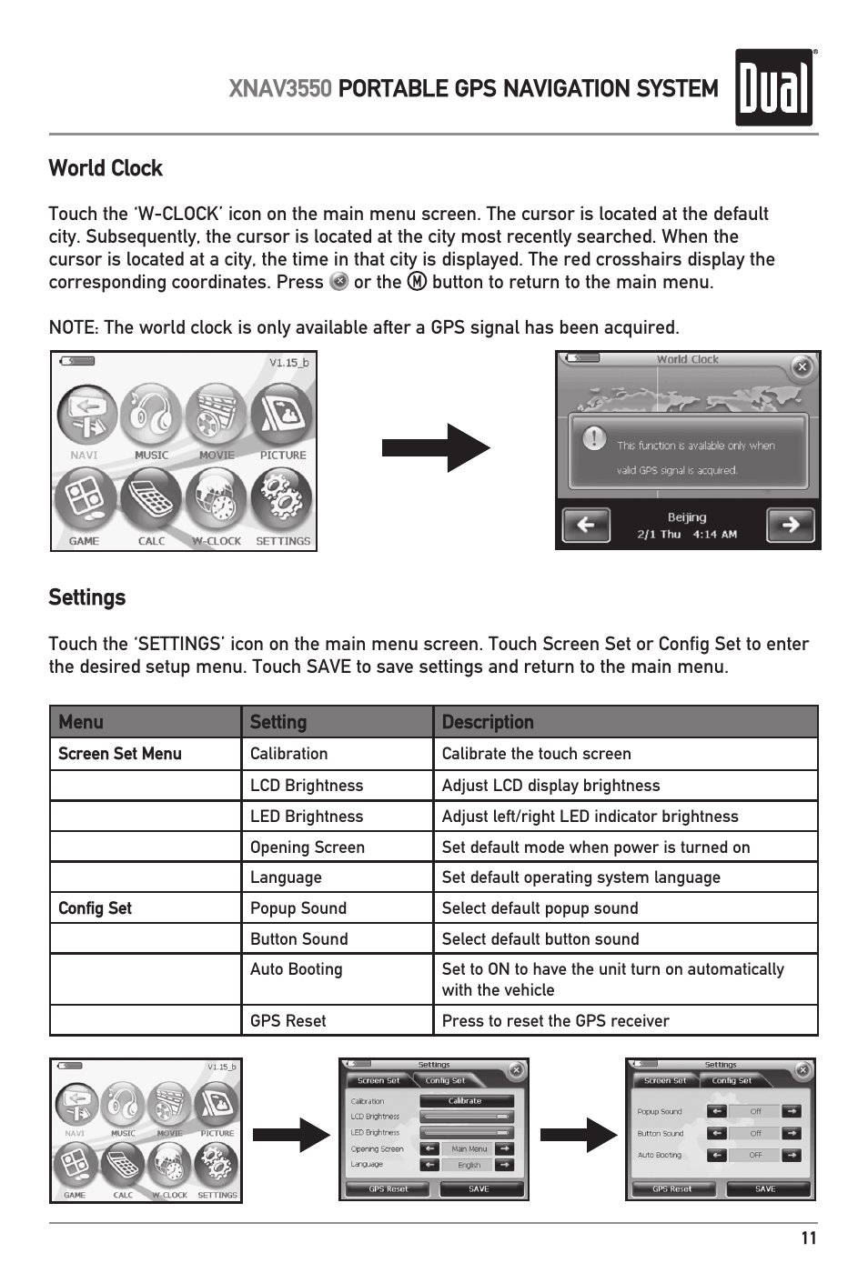 Xnav3550 portable gps navigation system, World clock, Settings | Dual XNAV3550 User Manual | Page 13 / 36