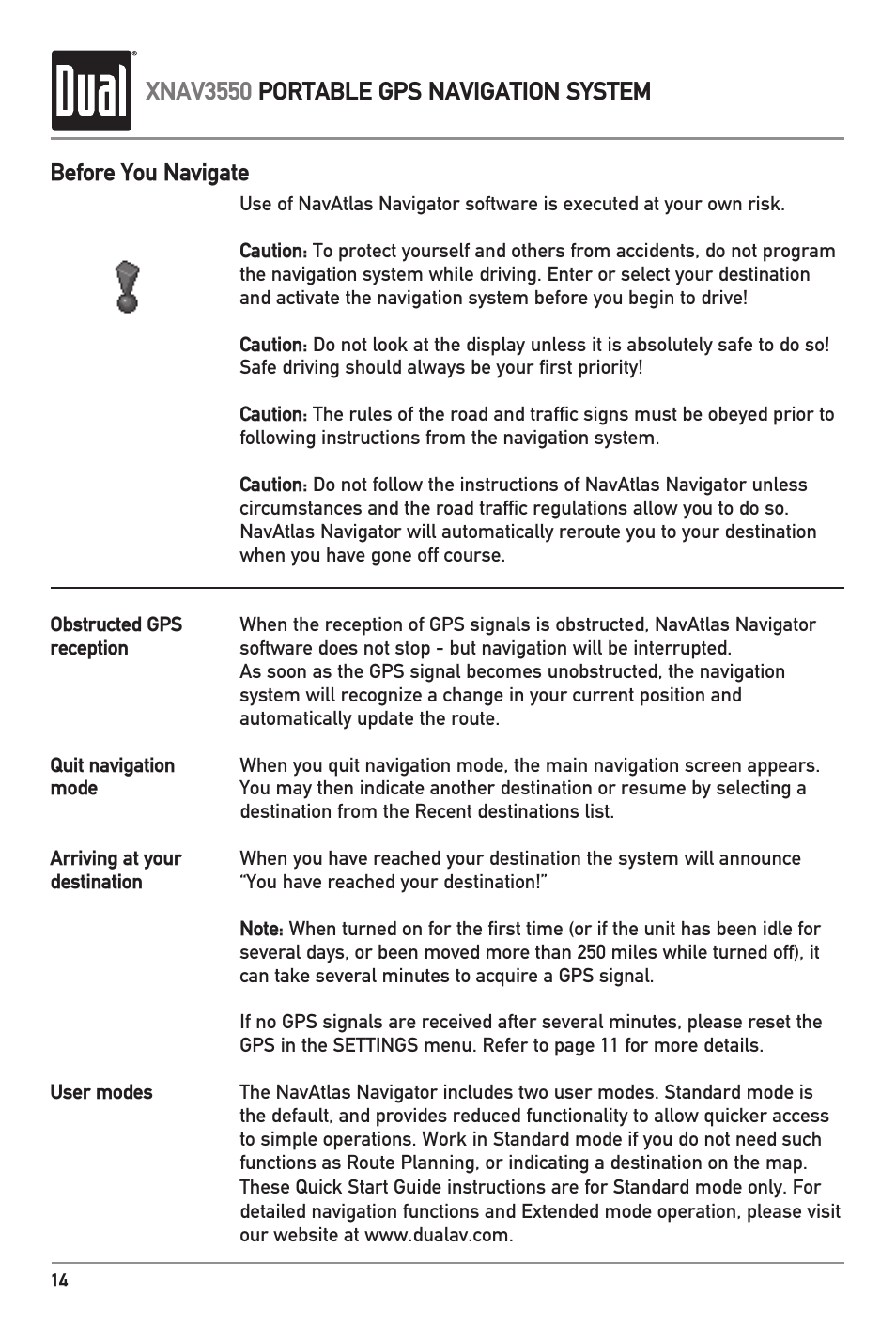 Xnav3550 portable gps navigation system | Dual XNAV3550 User Manual | Page 16 / 36