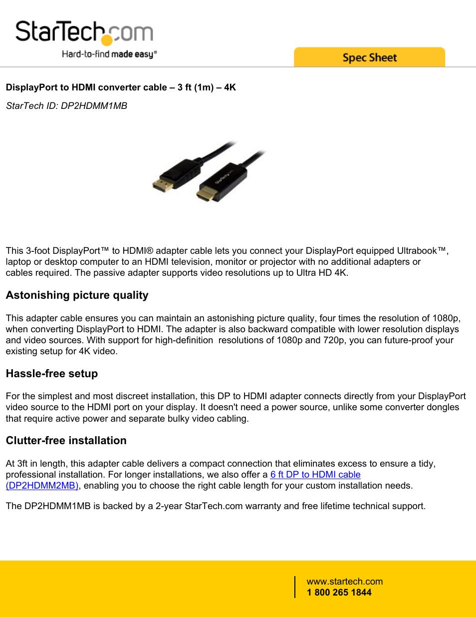 StarTech.com DisplayPort Male to HDMI Male Cable (3.3') User Manual | 4 pages