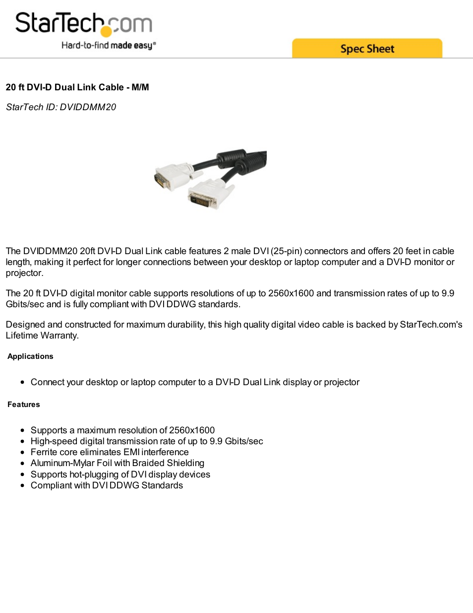 StarTech.com DVI-D Dual Link Male to Male Cable (20', Black) User Manual | 2 pages