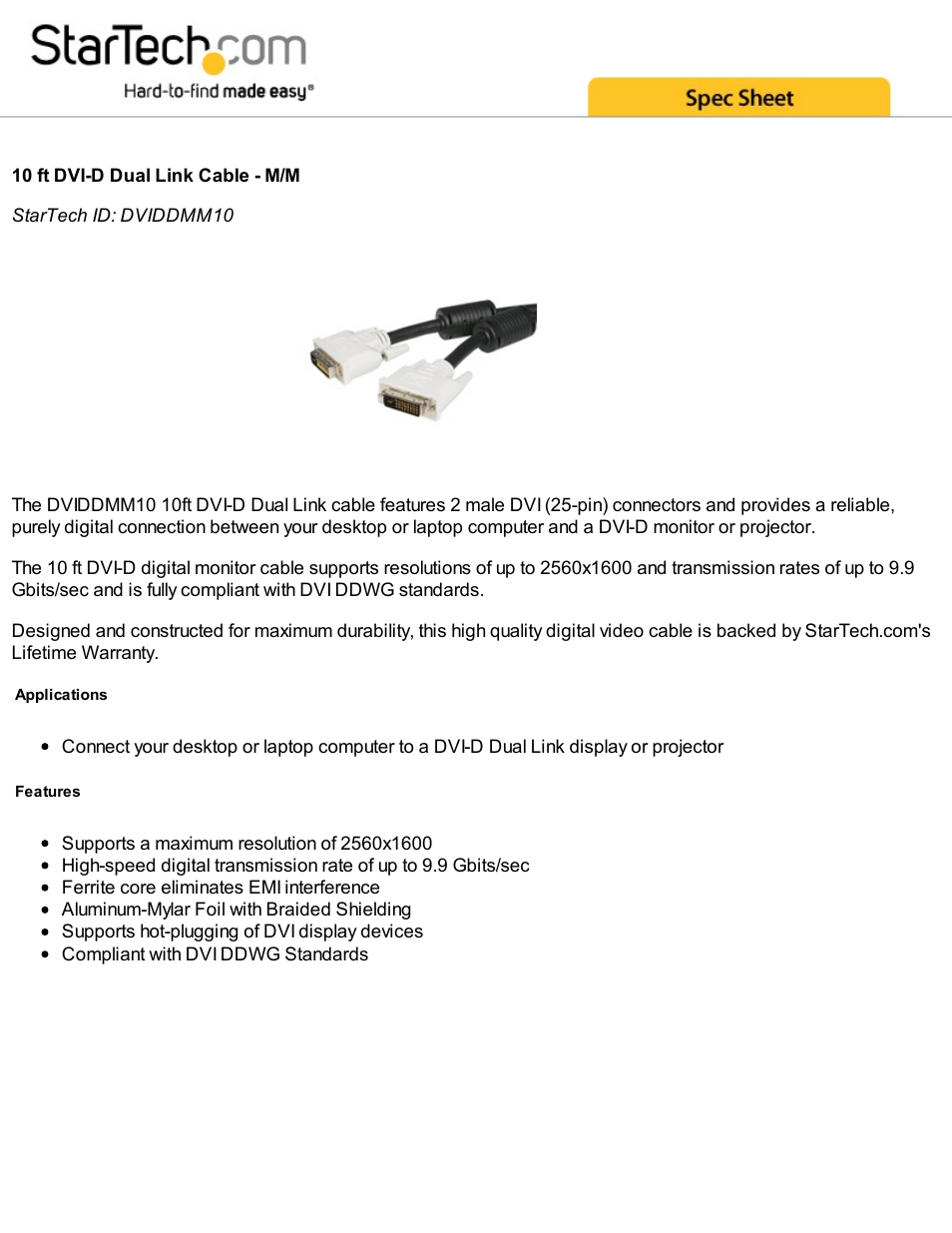 StarTech.com DVI-D Male Dual Link Cable (10') User Manual | 2 pages