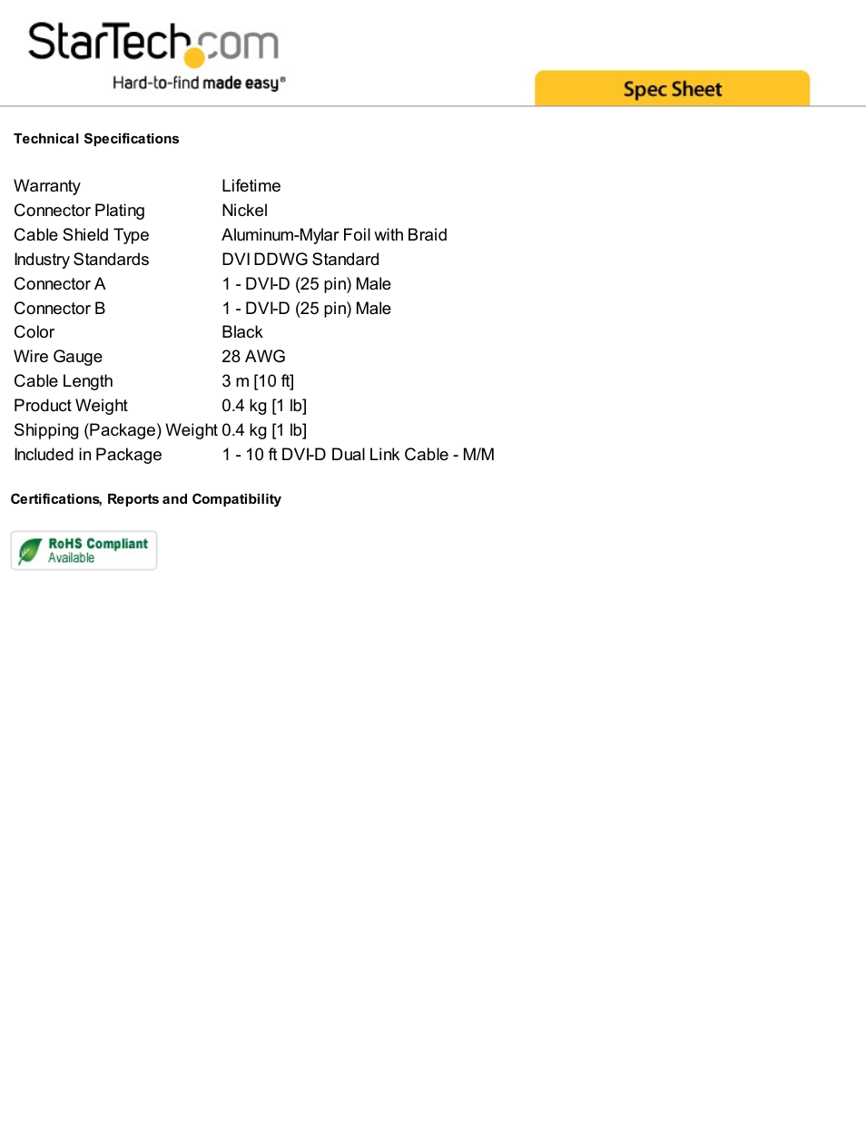 StarTech.com DVI-D Male Dual Link Cable (10') User Manual | Page 2 / 2