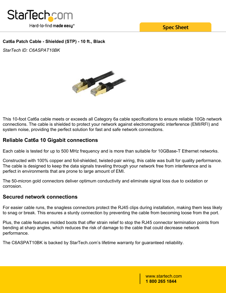 StarTech.com Cat6a 10GbE RJ-45 Cable (10', Black) User Manual | 3 pages