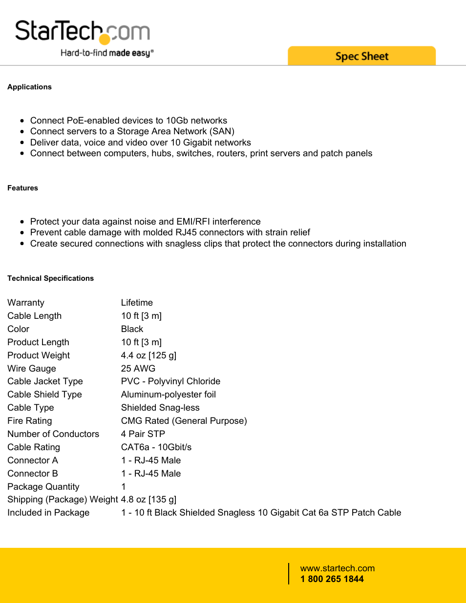StarTech.com Cat6a 10GbE RJ-45 Cable (10', Black) User Manual | Page 2 / 3