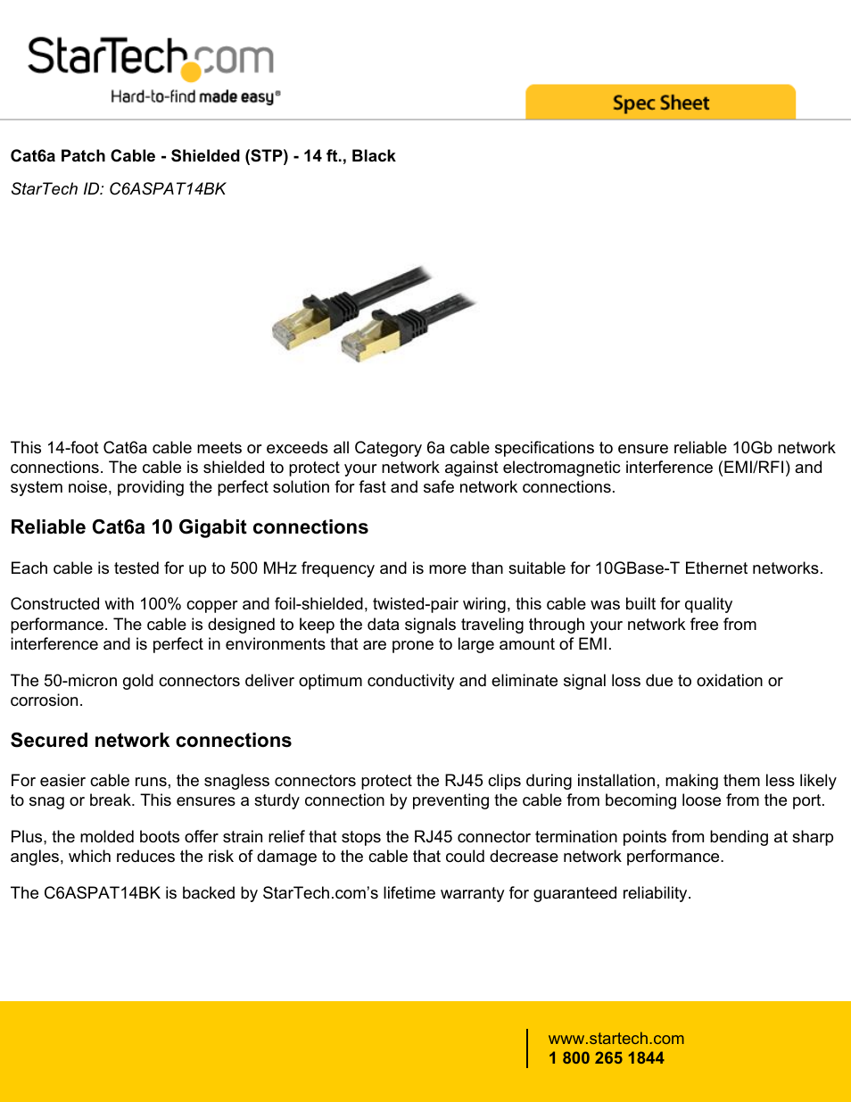 StarTech.com Cat6a 10GbE RJ-45 Cable (14', Black) User Manual | 3 pages