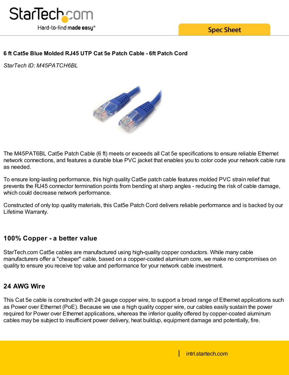 StarTech.com 6' Cat5e UTP Molded Patch Cable (Blue) User Manual | 3 pages