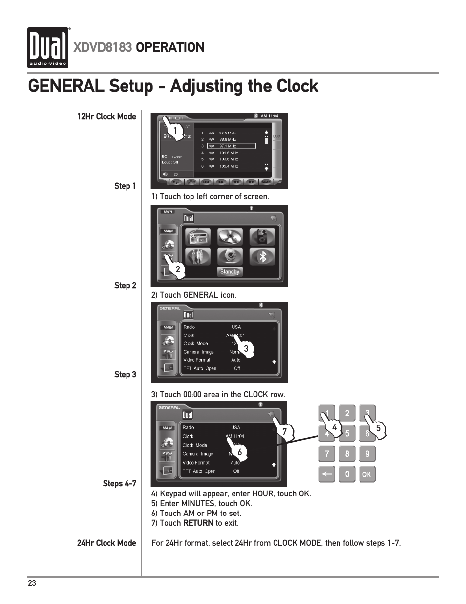 General setup - adjusting the clock | Dual XDVD8183 User Manual | Page 24 / 76