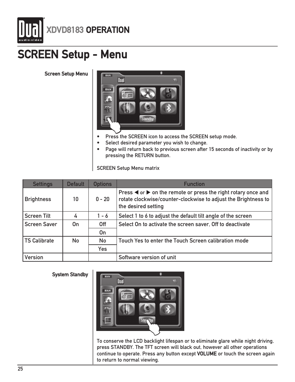 Screen setup - menu, Xdvd8183 operation | Dual XDVD8183 User Manual | Page 26 / 76