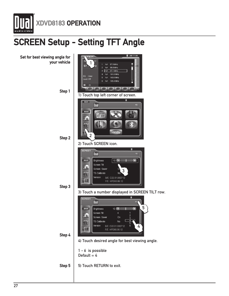 Screen setup - setting tft angle | Dual XDVD8183 User Manual | Page 28 / 76
