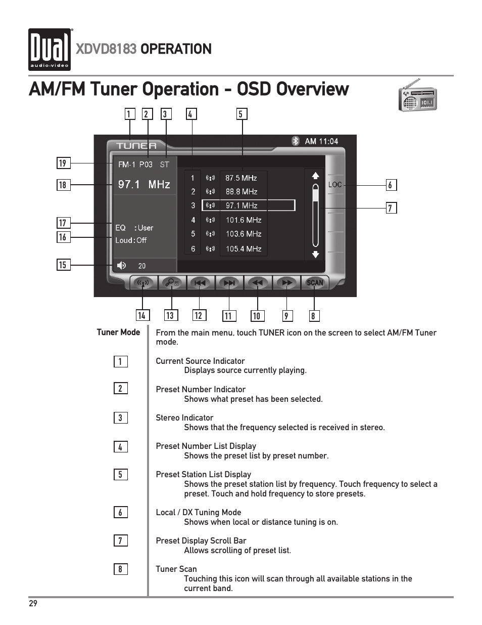 Am/fm tuner operation - osd overview, Xdvd8183 operation | Dual XDVD8183 User Manual | Page 30 / 76