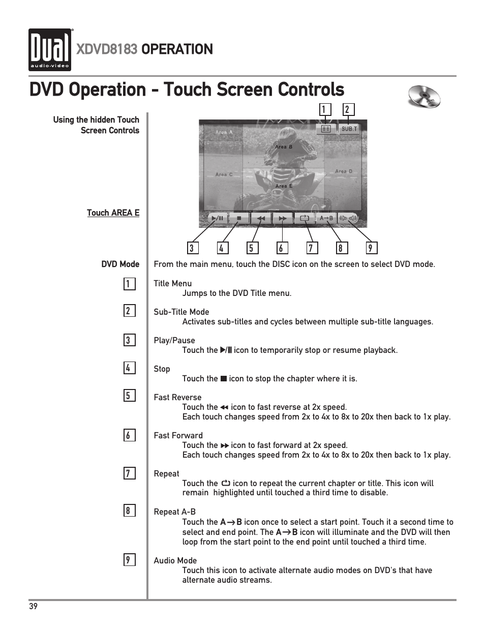 Dvd operation - touch screen controls, Xdvd8183 operation | Dual XDVD8183 User Manual | Page 40 / 76