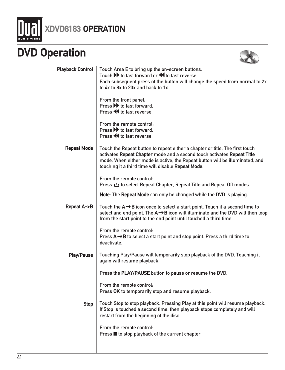 Dvd operation, Xdvd8183 operation | Dual XDVD8183 User Manual | Page 42 / 76