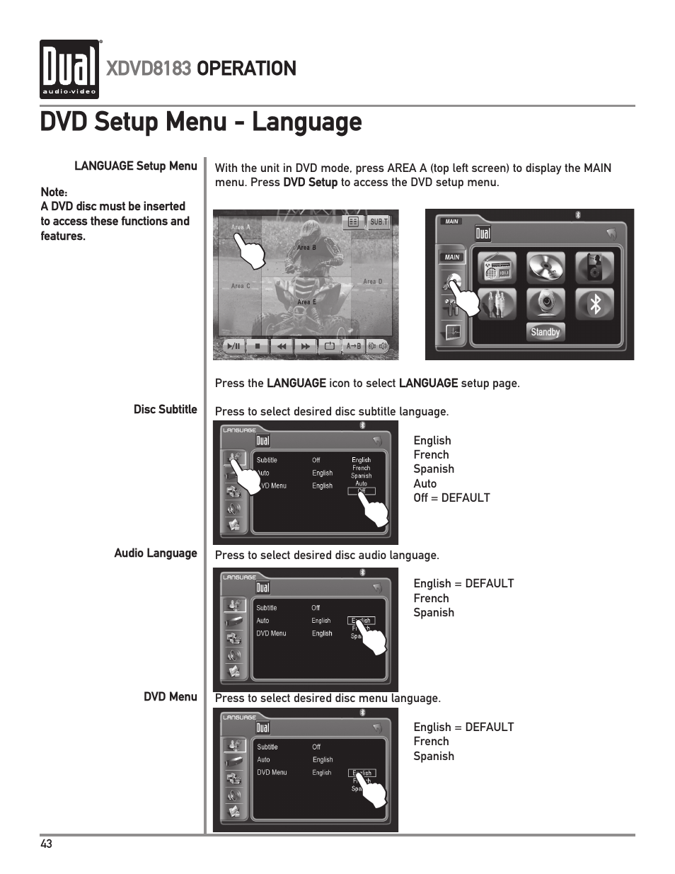 Dvd setup menu - language, Xdvd8183 operation | Dual XDVD8183 User Manual | Page 44 / 76