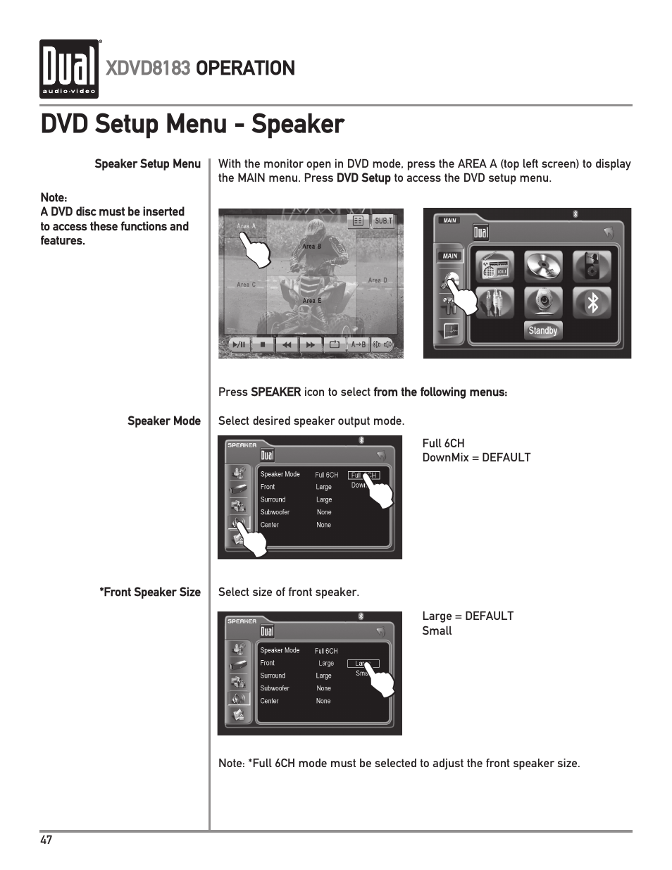 Dvd setup menu - speaker | Dual XDVD8183 User Manual | Page 48 / 76