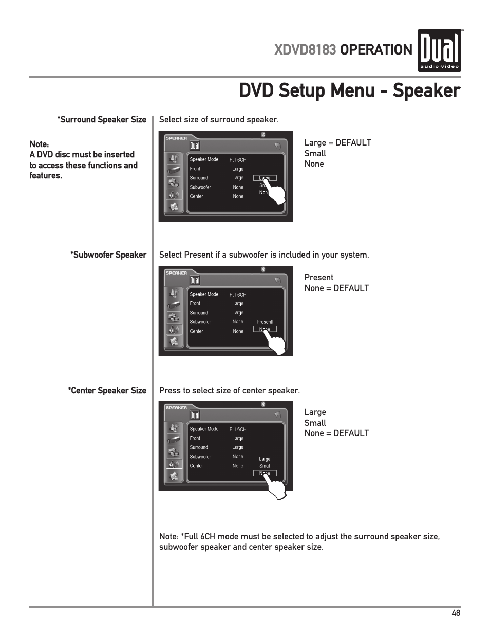 Dvd setup menu - speaker | Dual XDVD8183 User Manual | Page 49 / 76