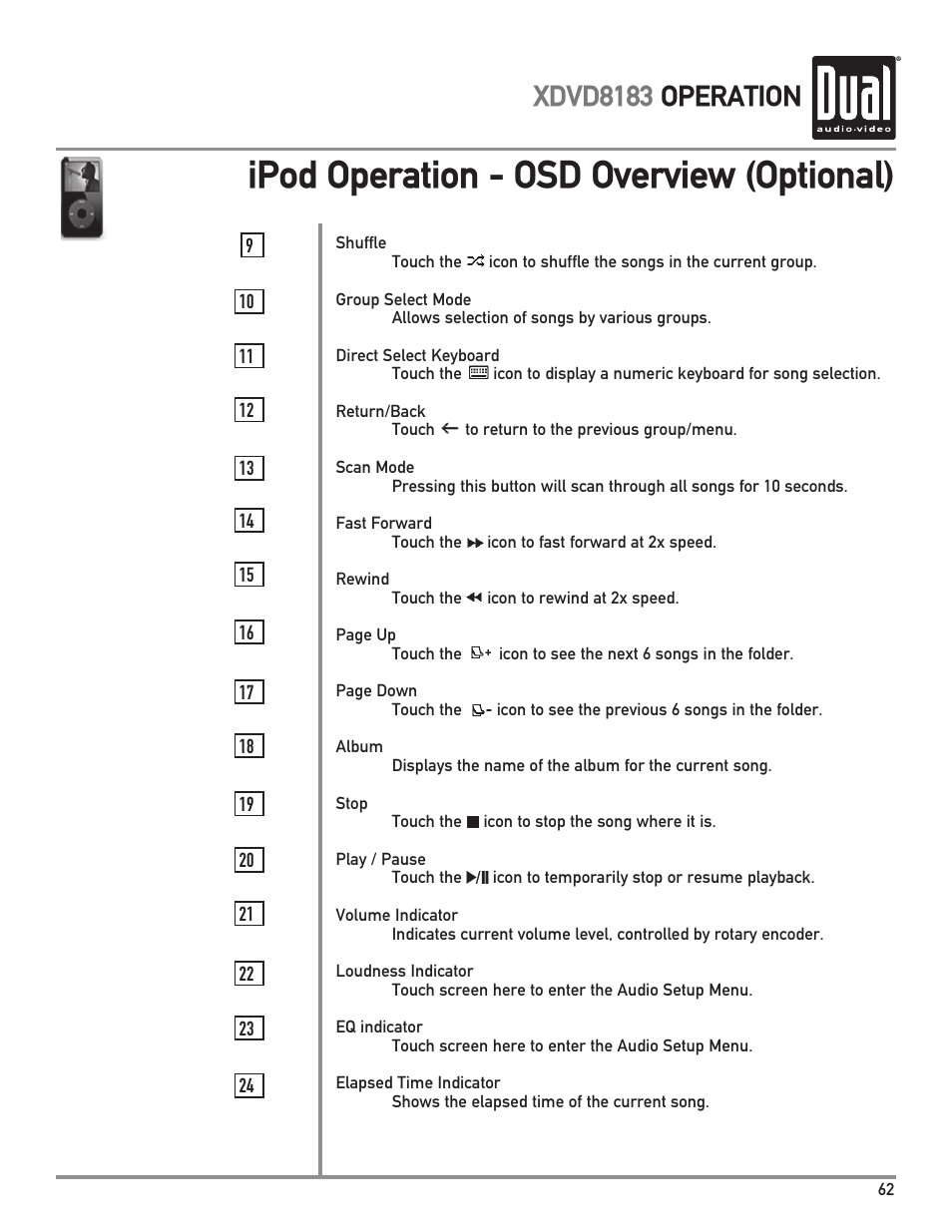 Ipod operation - osd overview (optional), Xdvd8183 operation | Dual XDVD8183 User Manual | Page 63 / 76