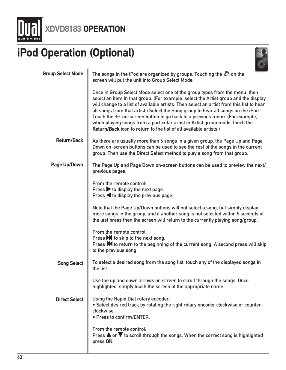 Ipod operation (optional), Xdvd8183 operation | Dual XDVD8183 User Manual | Page 64 / 76