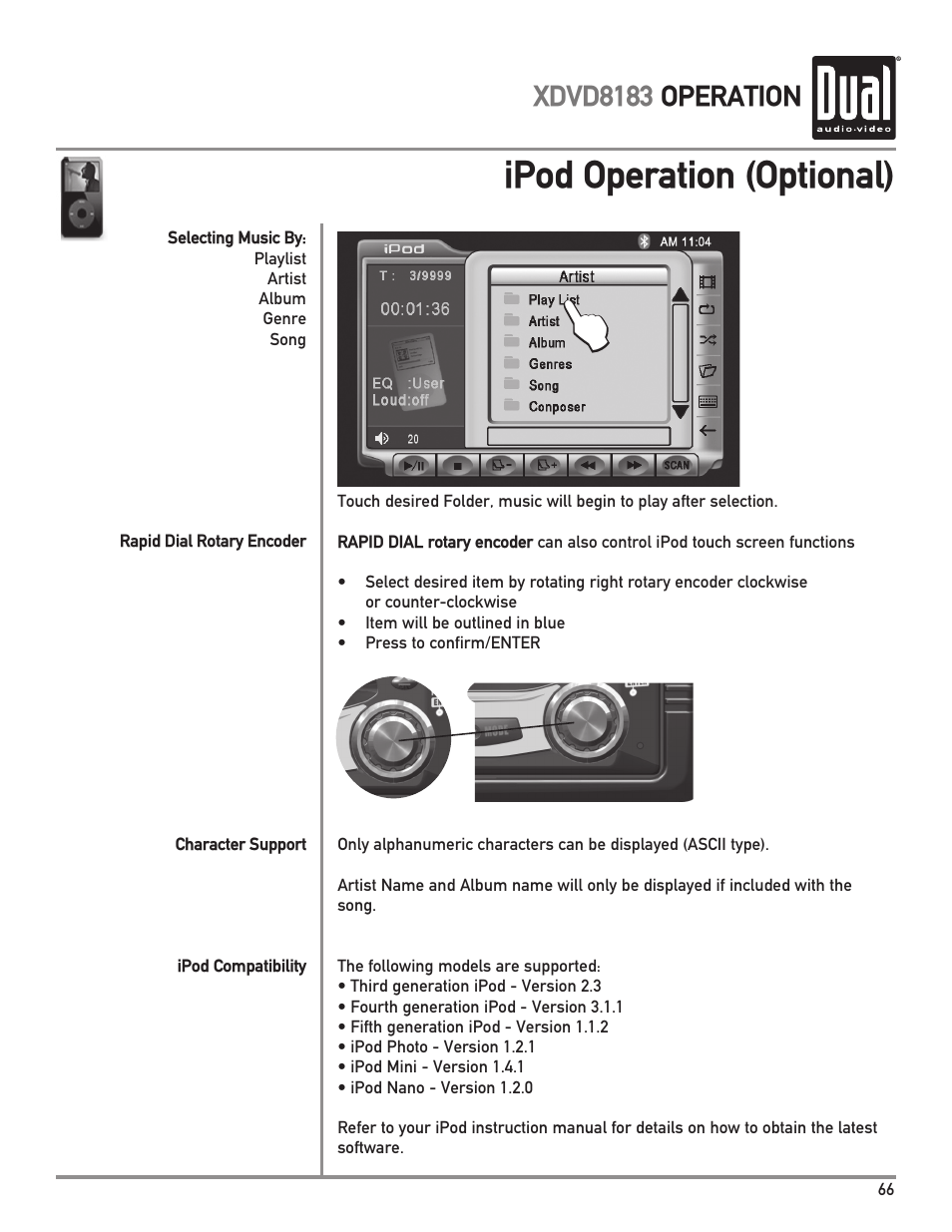 Ipod operation (optional), Xdvd8183 operation | Dual XDVD8183 User Manual | Page 67 / 76