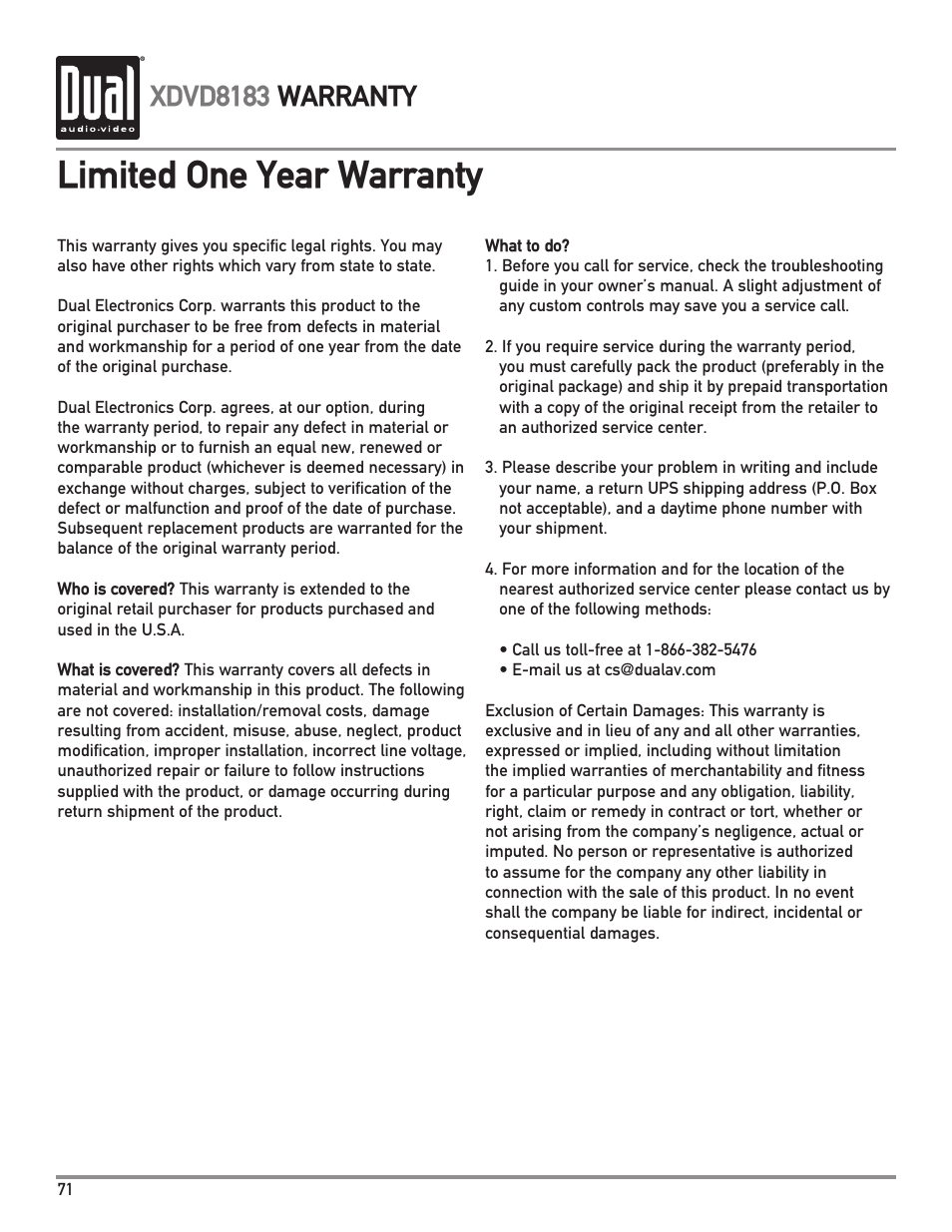 Limited one year warranty, Xdvd8183 warranty | Dual XDVD8183 User Manual | Page 72 / 76