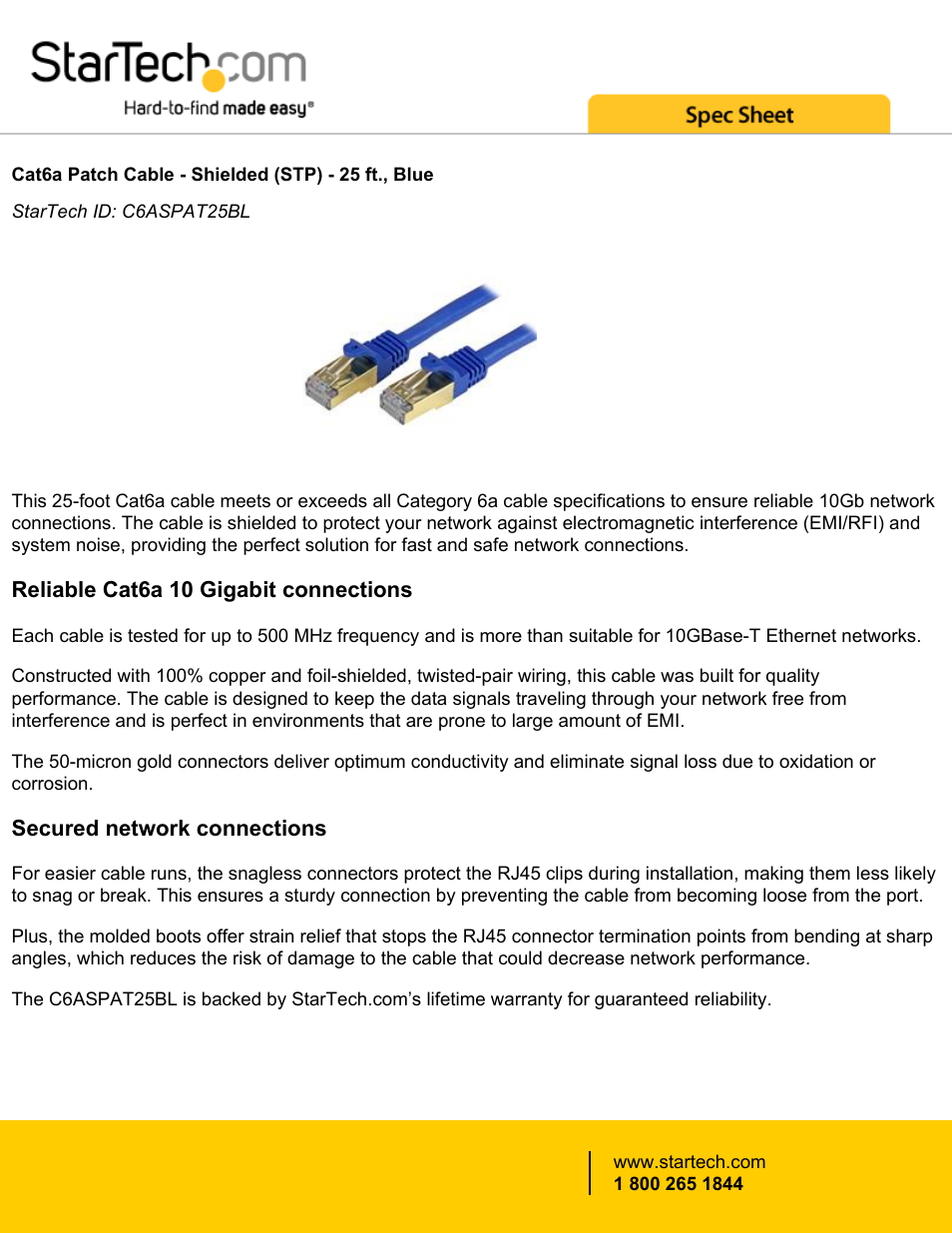 StarTech.com Cat6a 10GbE RJ-45 Cable (25', Blue) User Manual | 3 pages