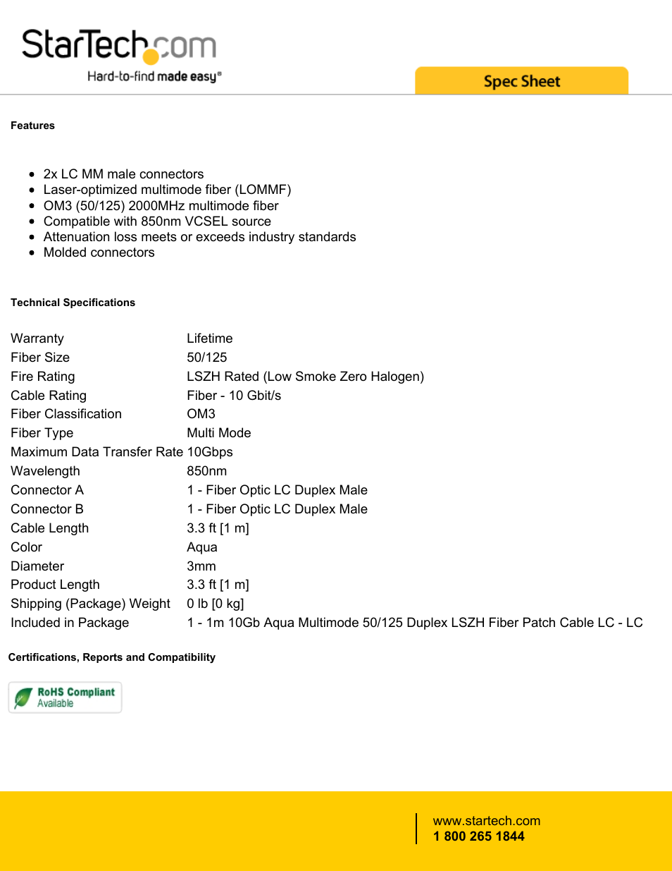 StarTech.com 3.3' (1m) 10 Gb Multimode 50/125 Duplex LSZH Fiber Patch Cable LC - LC User Manual | Page 2 / 2