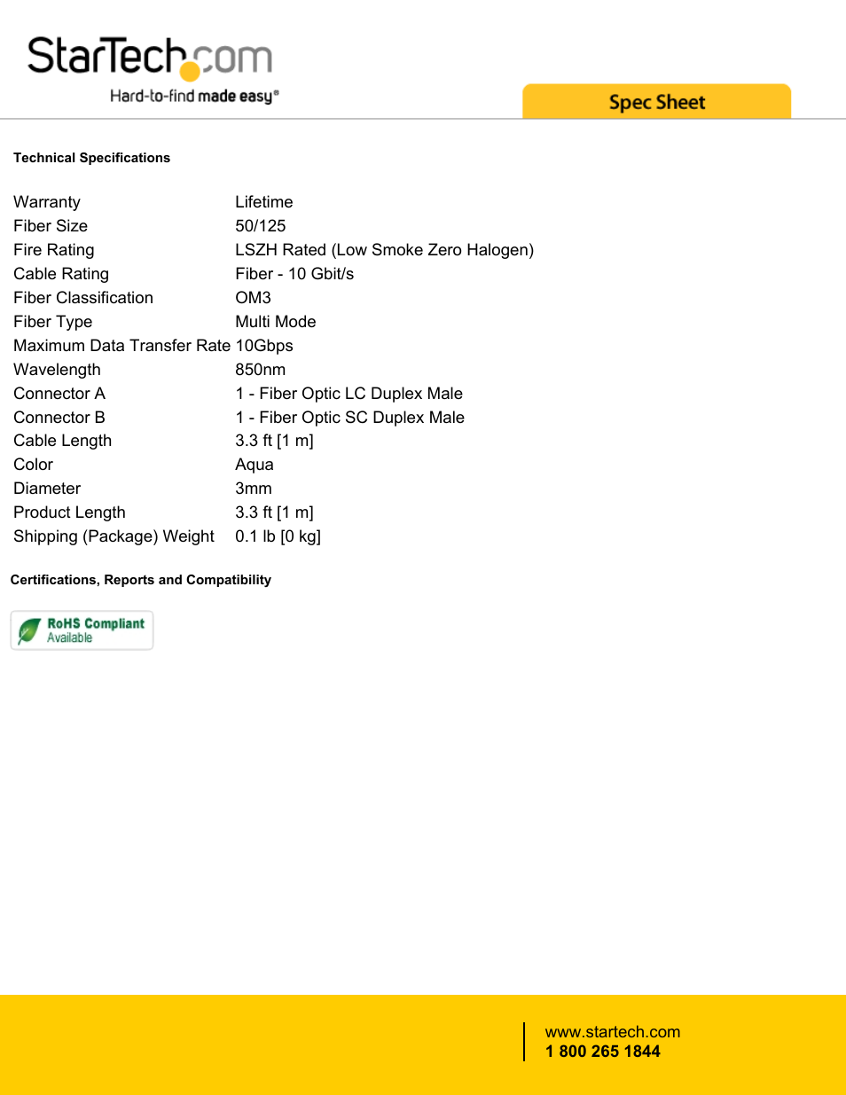 StarTech.com 3.3' (1m) 10 Gb Multimode 50/125 Duplex LSZH Fiber Patch Cable LC - SC User Manual | Page 2 / 2