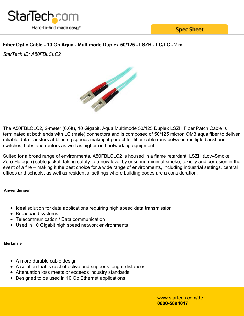 StarTech.com 6.6' (2m) 10 Gb Multimode 50/125 Duplex LSZH Fiber Patch Cable LC - LC User Manual | 2 pages