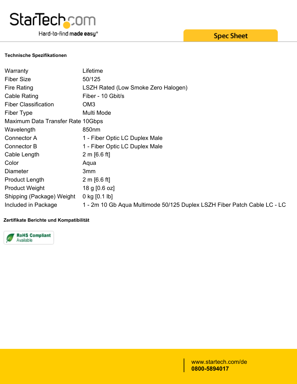 StarTech.com 6.6' (2m) 10 Gb Multimode 50/125 Duplex LSZH Fiber Patch Cable LC - LC User Manual | Page 2 / 2