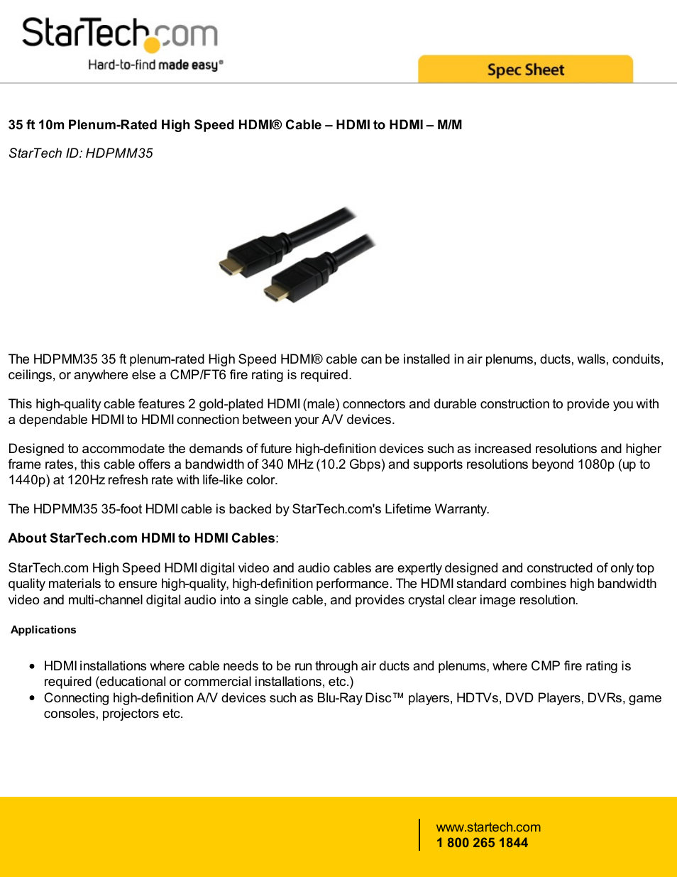 StarTech.com Plenum-Rated HDMI Male Cable (35', Black) User Manual | 2 pages