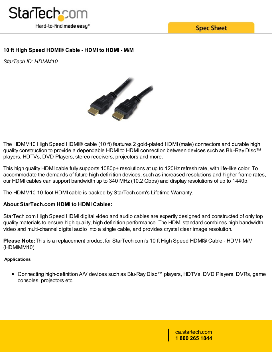 StarTech.com HDMM10 High-Speed HDMI Cable (10') User Manual | 2 pages