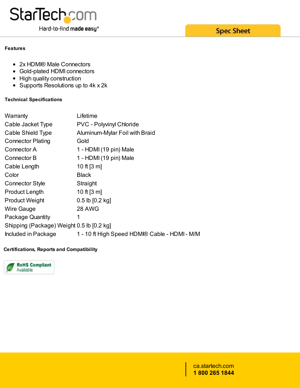 StarTech.com HDMM10 High-Speed HDMI Cable (10') User Manual | Page 2 / 2