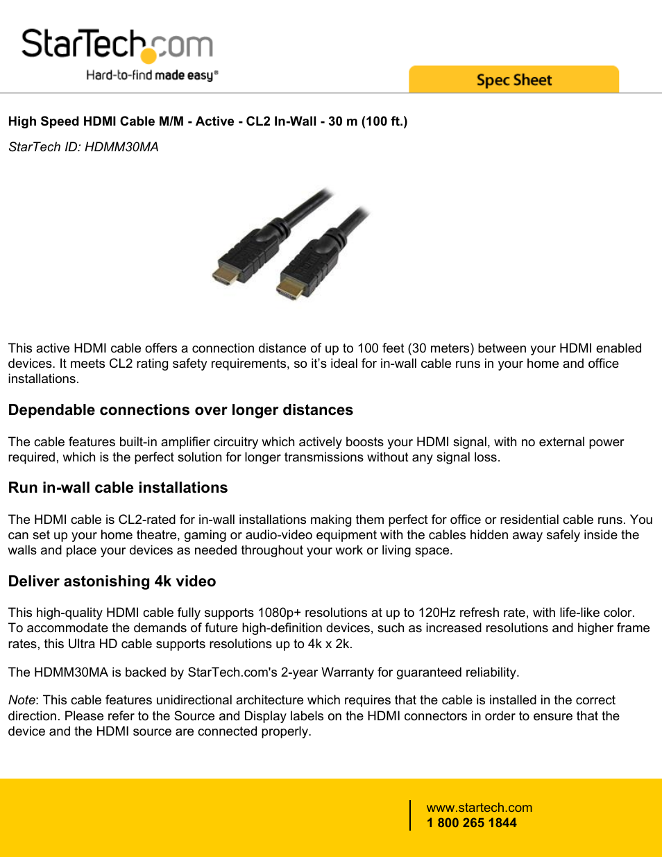 StarTech.com Active High-Speed HDMI Cable (98.4') User Manual | 3 pages