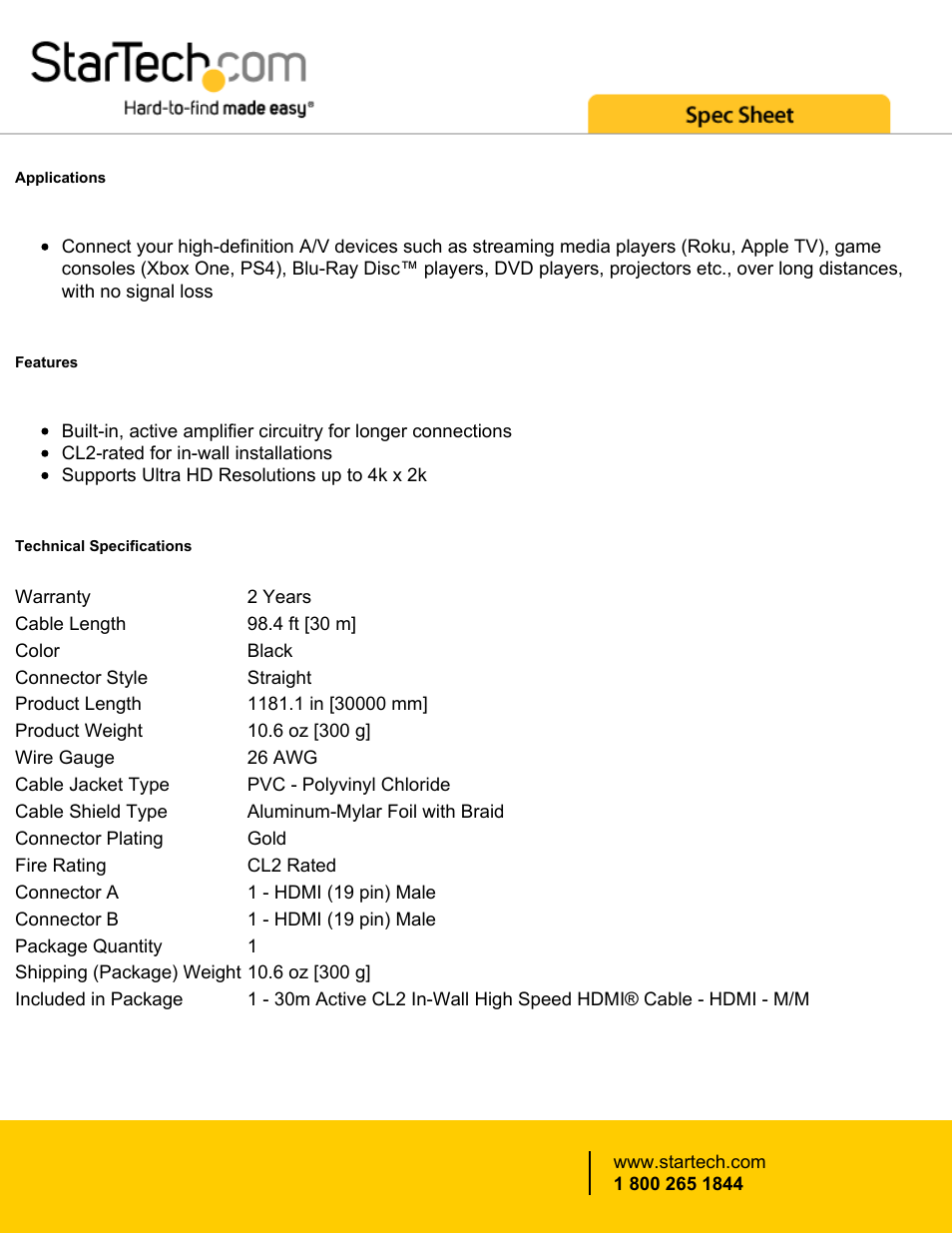 StarTech.com Active High-Speed HDMI Cable (98.4') User Manual | Page 2 / 3